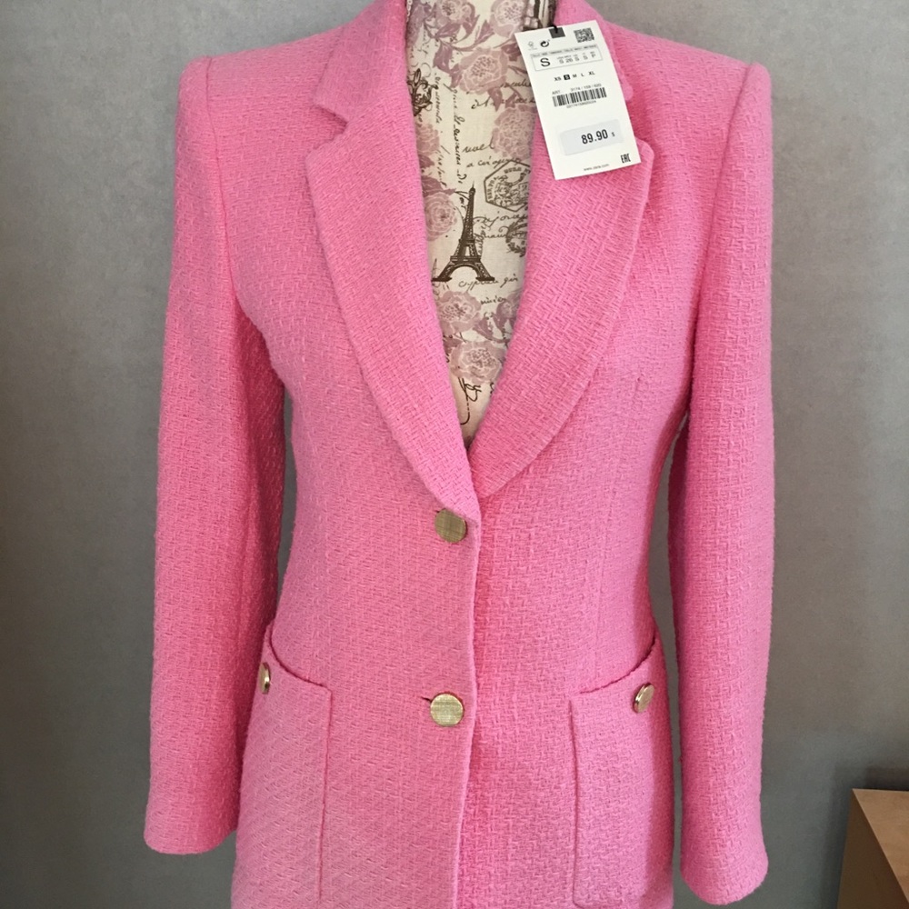 Zara, pink, boule, blazer with gold buttons
